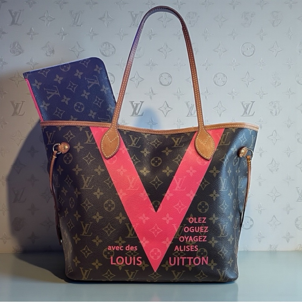 Louis Vuitton Brown Monogram Tote with Pink V Accent